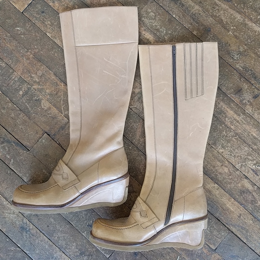 Knee high leather wedge boots